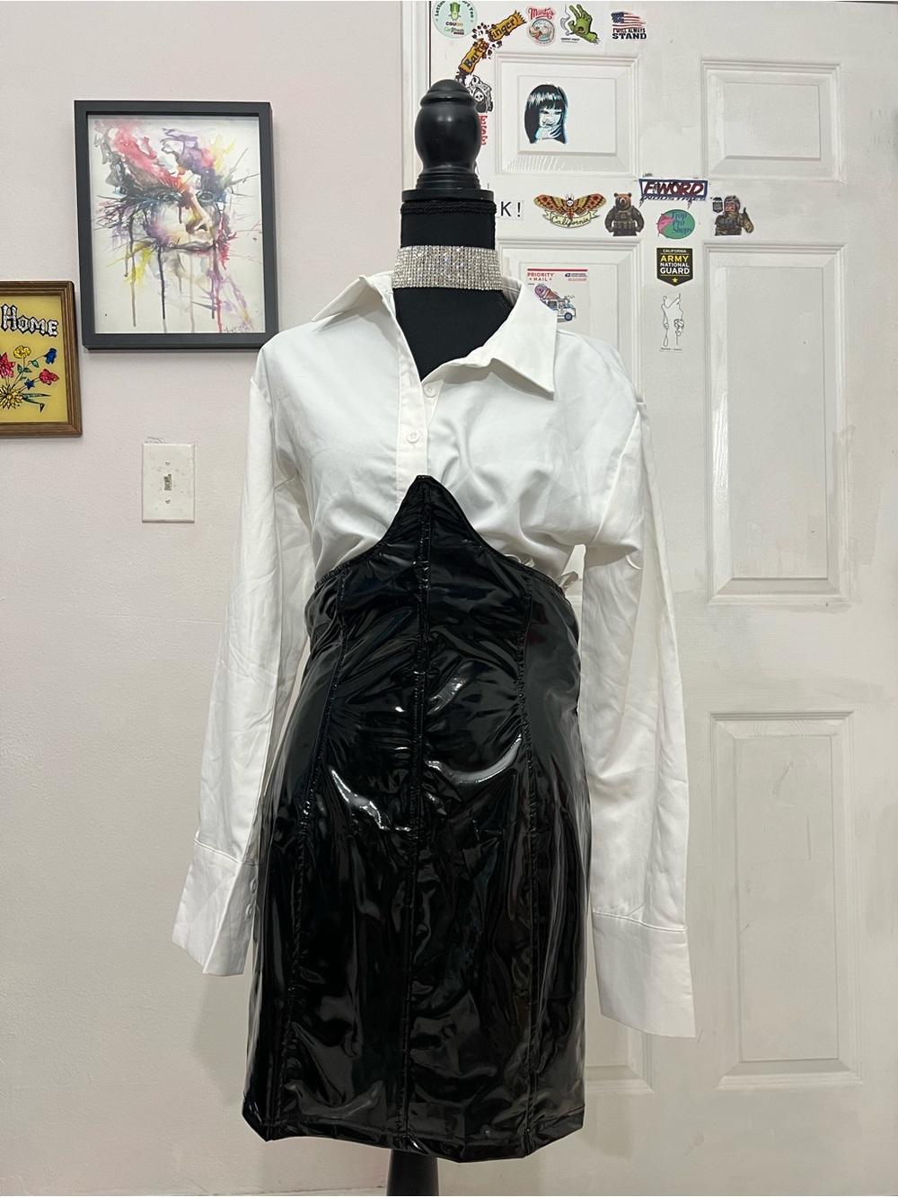Black Patent Vinyl Bustier Mini Dress with White Shirt Styling
